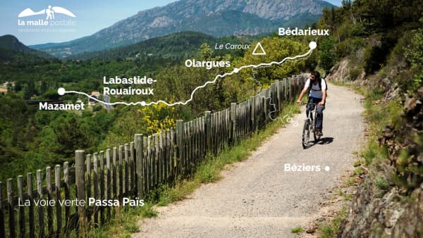 Cyclist on Passa Païs greenway with mountain views