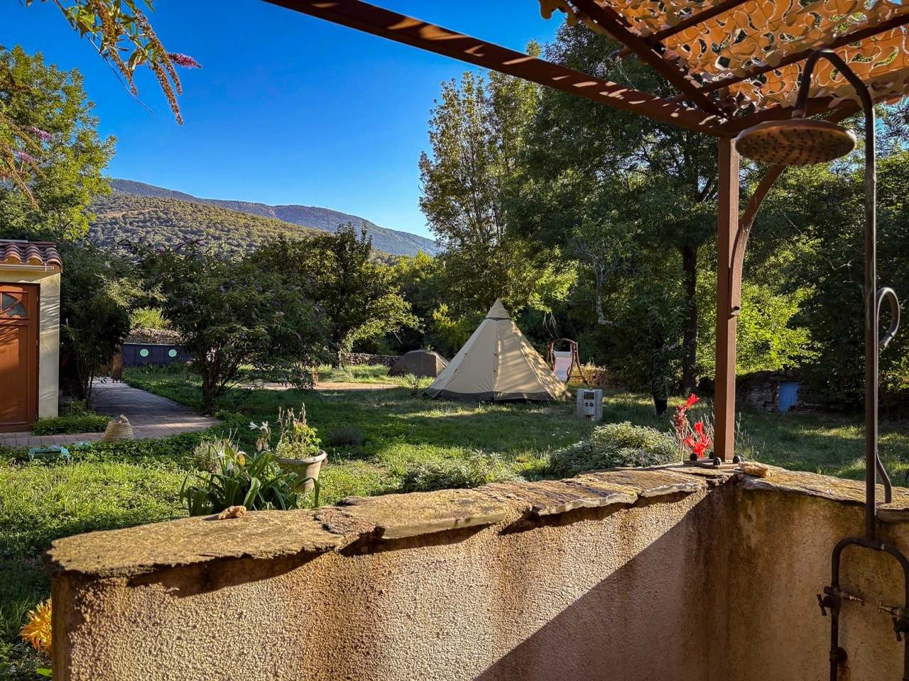 Outdoor shower with garden view