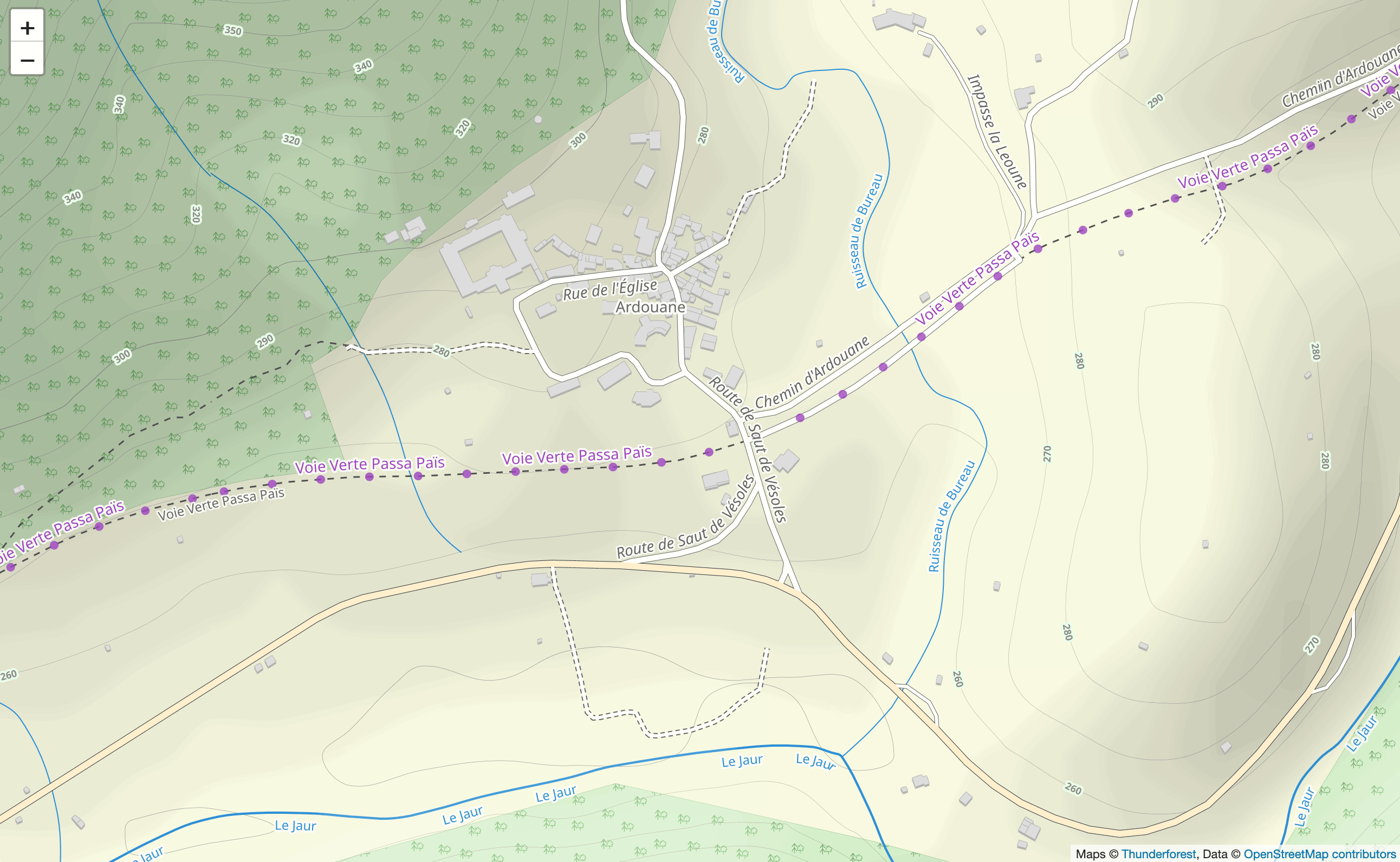 Detailed map of Ardouane showing Voie Verte Passa Païs cycling route