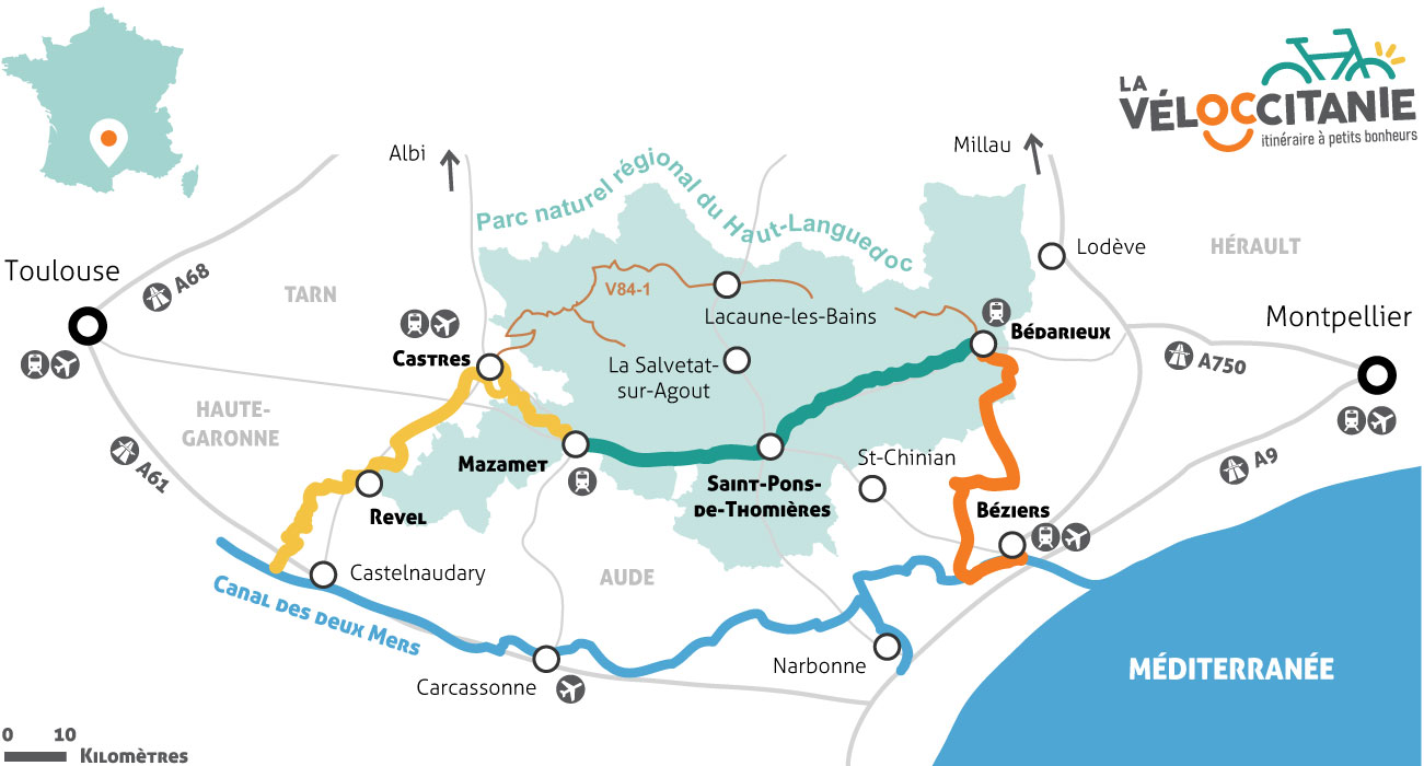 © Véloccitanie La Véloccitanie network map showing Passa Païs route in regional context