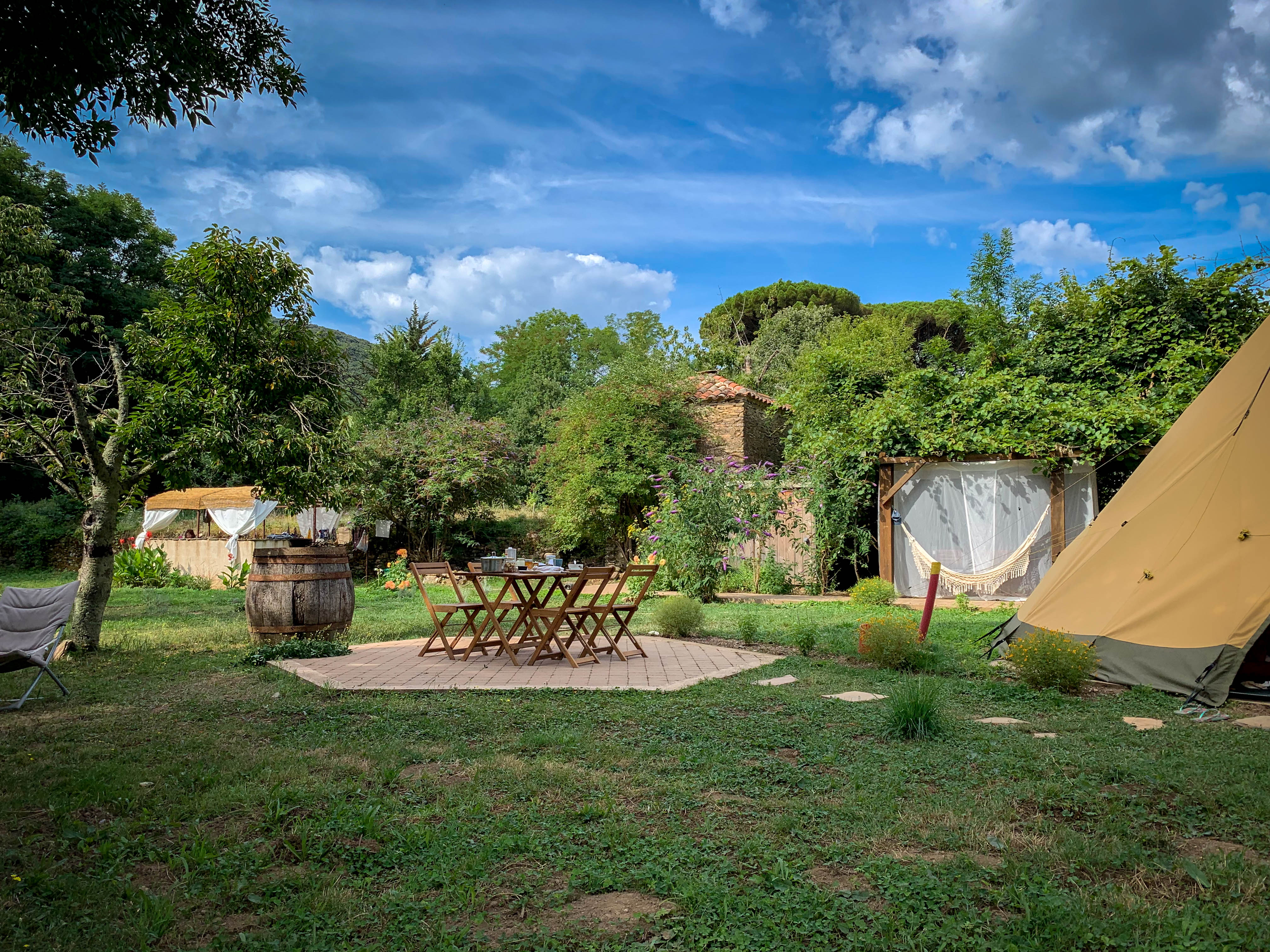Property overview with tipis and stone ruins