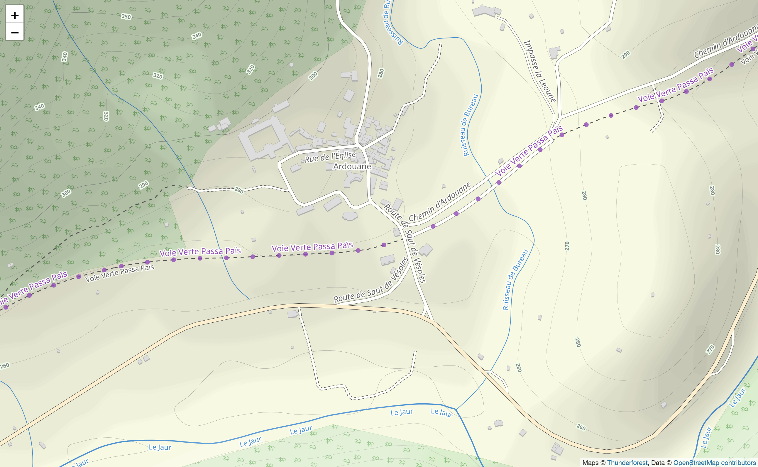 Detailed map of Ardouane showing Voie Verte Passa Païs cycling route